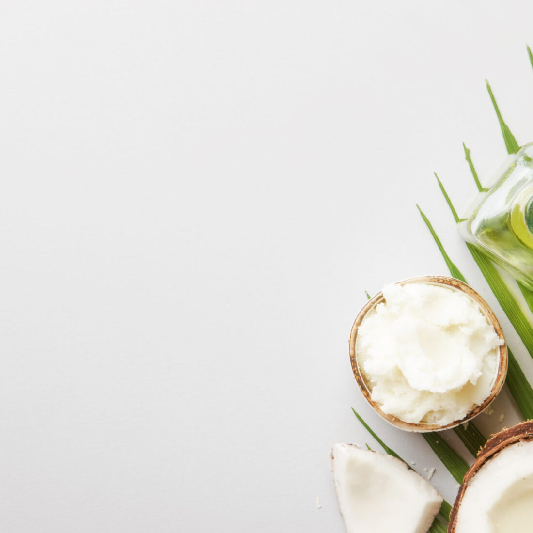 Coconuts products - mct butter, oil, milk, oil, shavings on grey background. Copy space. Hair, skin and body treatment concept